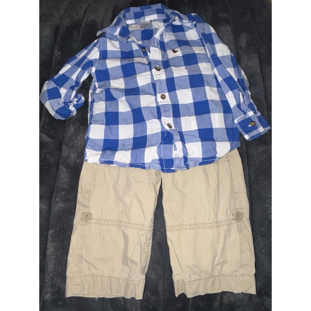 Carters Blue Plaid Button Up With Old Navy Khaki Pants